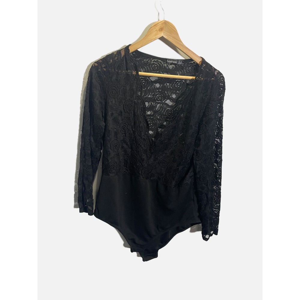 Boohoo Bodysuit Womens 16 Black Floral Lace Long Sleeve V-Neck Sexy Night Out